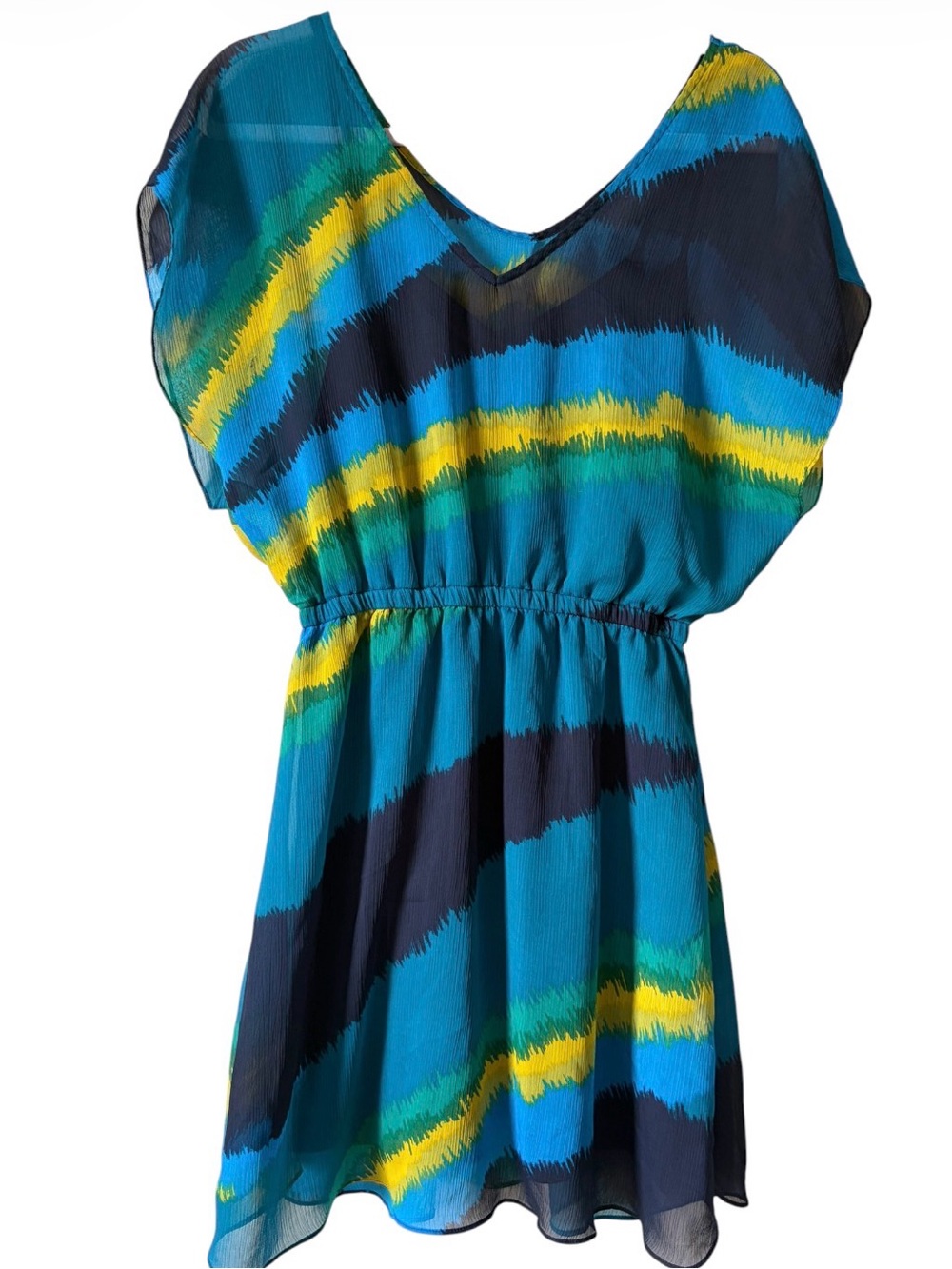Express Blue, Teal & Yellow V-Neck Short Dress